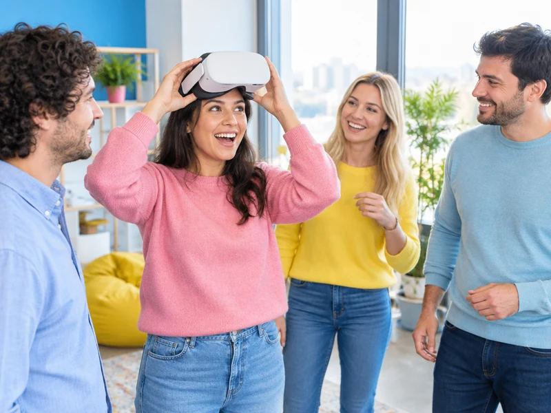 שתי נשים ושני גברים בוגרים עומדים במתחם הדגמת מציאות מדומה, לאחר שאחת הנשים הרימה משקפי VR מעיניה והקבוצה מגיבה בחיוך טבעי