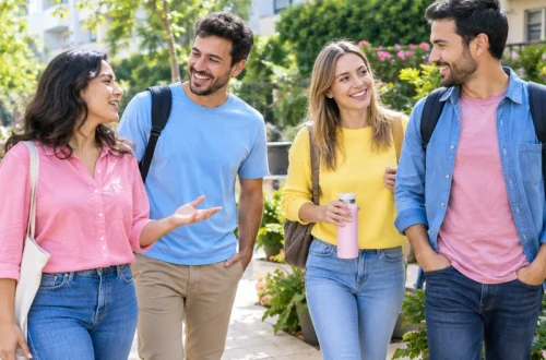 שתי נשים ושני גברים בוגרים הולכים יחד בחצר מוארת ומשוחחים באווירה טבעית ותומכת