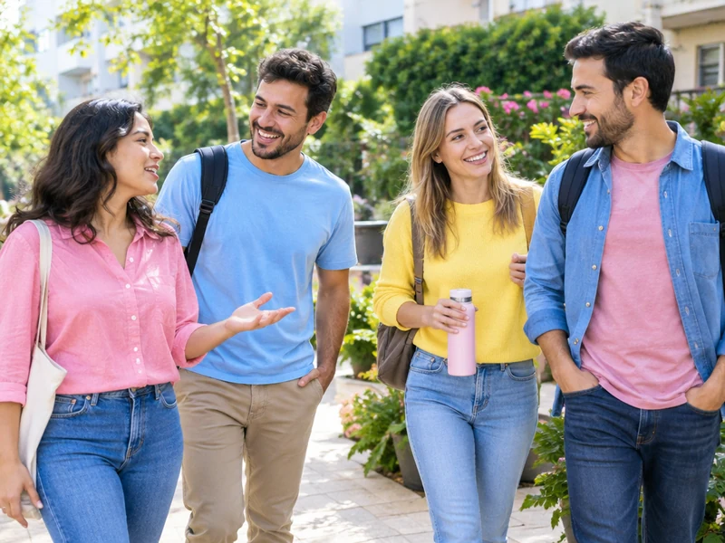 שתי נשים ושני גברים בוגרים הולכים יחד בחצר מוארת ומשוחחים באווירה טבעית ותומכת